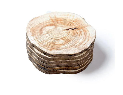 Set of 6 premium wooden coasters in oak and walnut finishes, designed to protect surfaces from water damage and enhance the ambiance of any space.