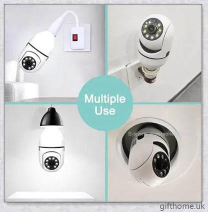 5G Wi-Fi smart home surveillance bulb camera with 360-degree coverage, night vision, and remote monitoring capabilities