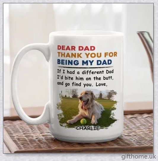 Personalized custom coffee mug with a playful and unique design, perfect for pet lovers and those with a quirky sense of humour.