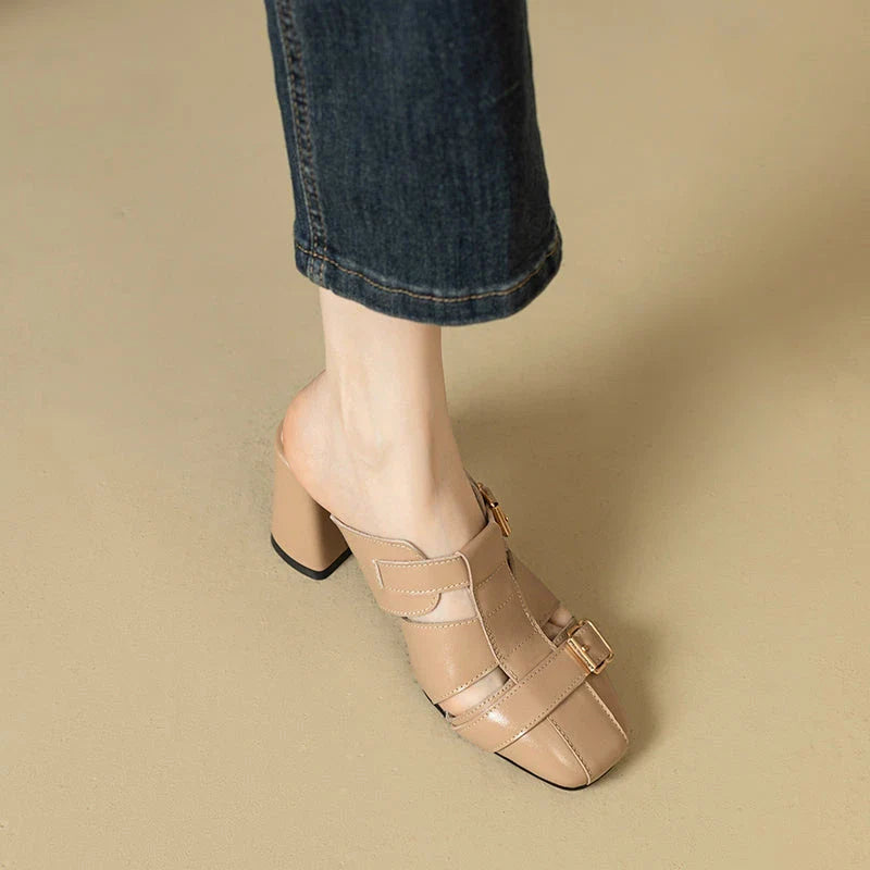 Exquisite embroidered leather high heel slippers in khaki colour, showcasing intricate detailing and a stable square heel design for stylish summer wear