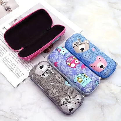 Cartoon-themed zippered eyeglass case in pink colour, featuring a playful and protective design for children's eyewear