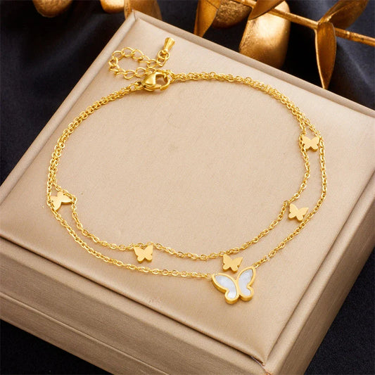 Stainless Steel Butterfly Anklet with Adjustable Chain and Two-Tier Design