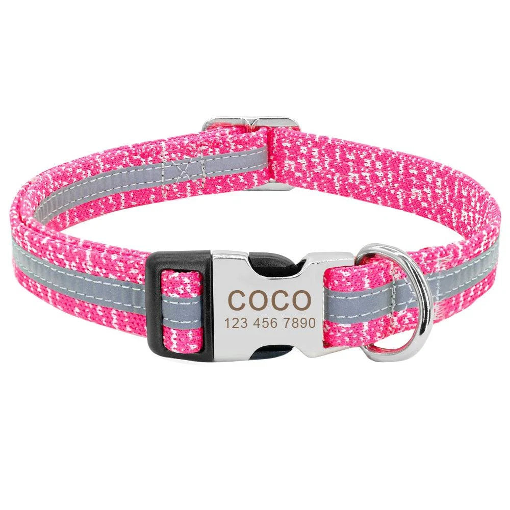 A stylish and reflective dog collar made from high-quality nylon material for enhanced visibility and safety.
