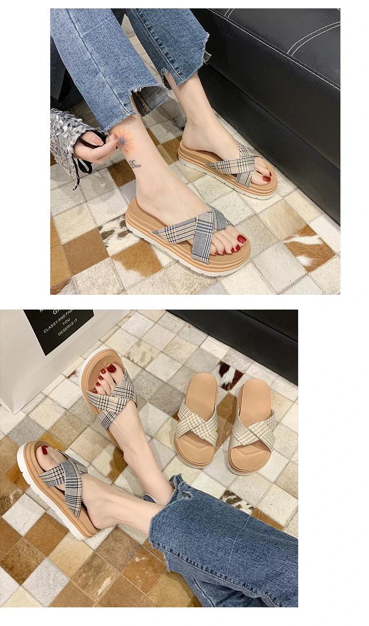 Premium non-slip herringbone slippers with a bow accent, featuring a canvas upper, fetal cowhide lining, and a rubber sole for comfort and stability.