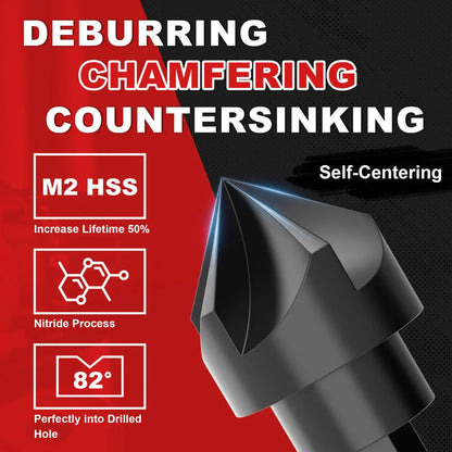 5-piece high-speed steel countersink drill bit set in black and red, featuring 1/4" to 3/4" bit sizes and a 1/4" hex shank for power tool compatibility
