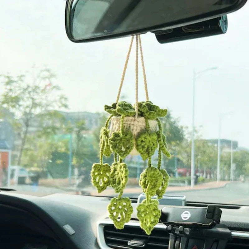 Charming knitted car plant decor with hanging white rope and green and white colour scheme