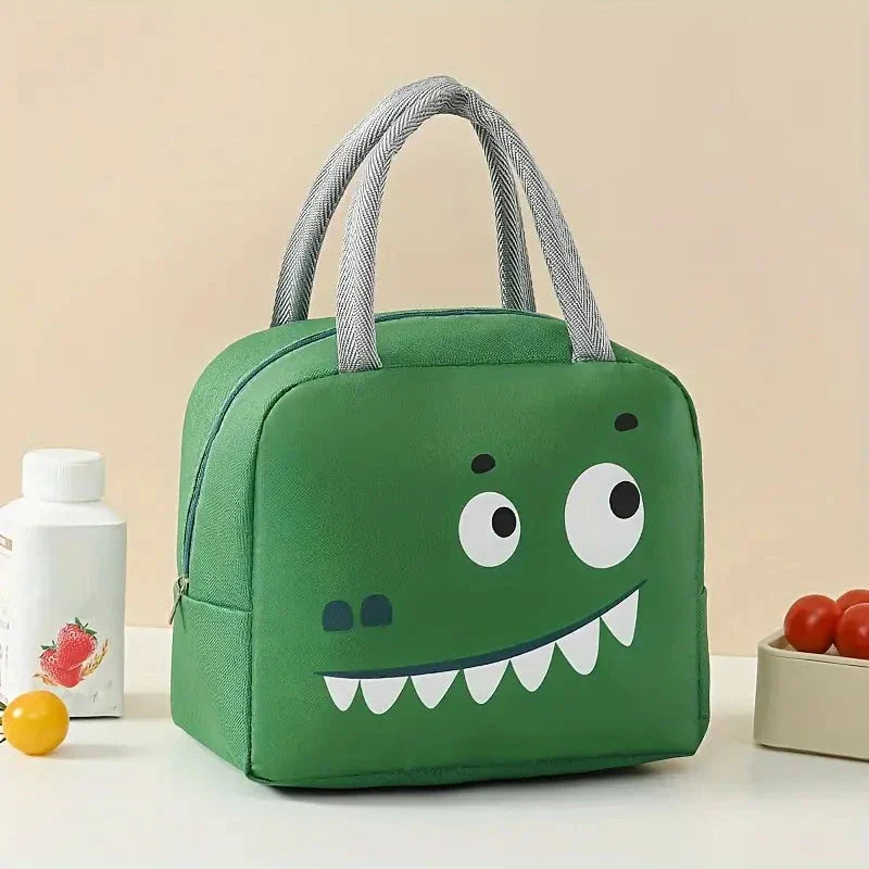 Cartoon animal-themed thermal lunch bag for children, made of durable Oxford cloth with insulated design and vibrant animal prints.