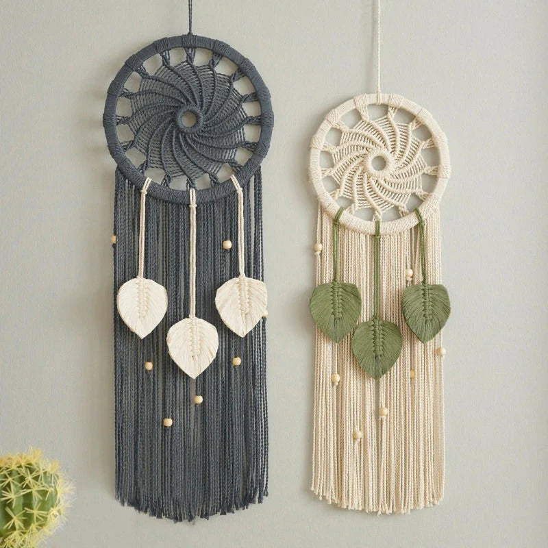Nordic-style hand-woven wall tapestry with delicate leaf pattern, unique circular design, and premium materials