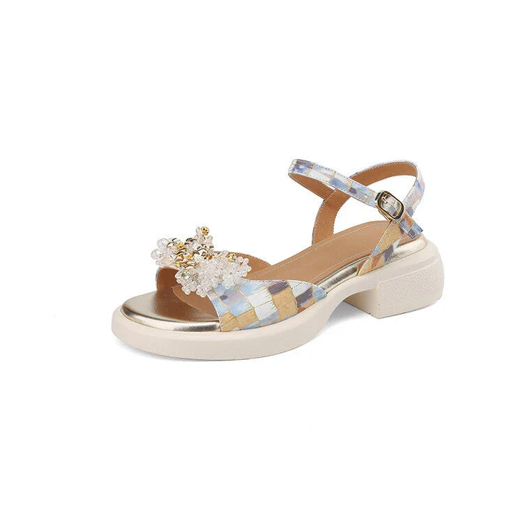 Premium genuine leather gladiator sandals with chunky square heel, adjustable strap, and unique checkered pattern design