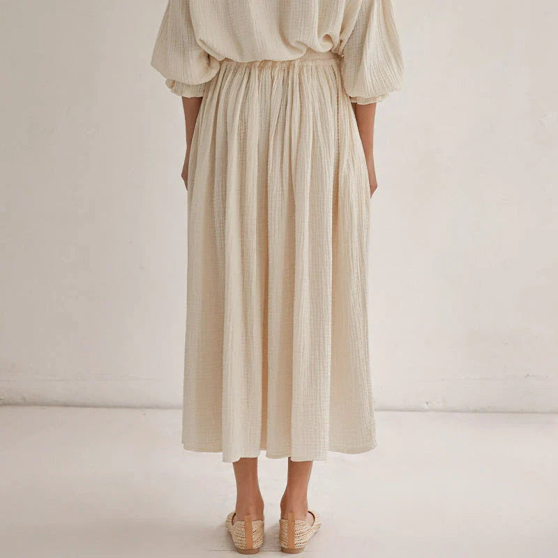 Elegant lantern sleeve shirt and chic skirt two piece set in 100% cotton gauze fabric