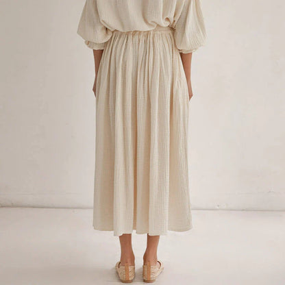 Elegant lantern sleeve shirt and chic skirt two piece set in 100% cotton gauze fabric