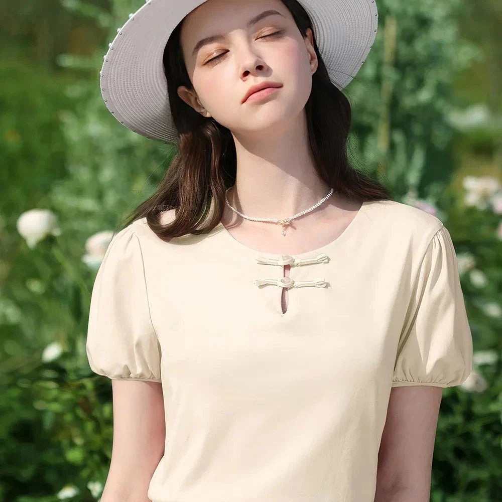 Women's elegant puff-sleeve summer top in a classic solid pattern and Chinese-inspired design