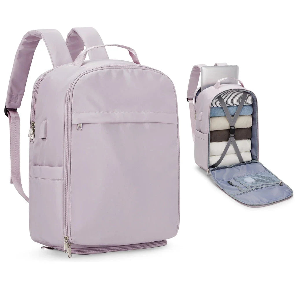 Premium airline-approved travel backpack in purple, featuring waterproof nylon construction, multiple compartments, and comfortable design