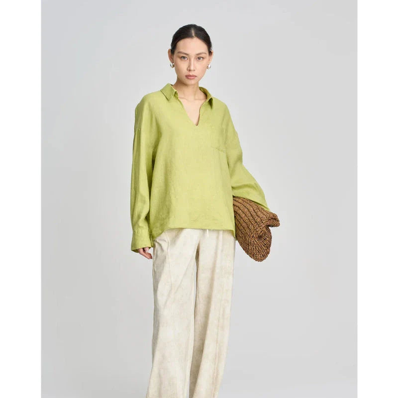 Premium linen v-neck long sleeve shirt for women in khaki colour, featuring breathable fabric and wrinkle-resistant design.
