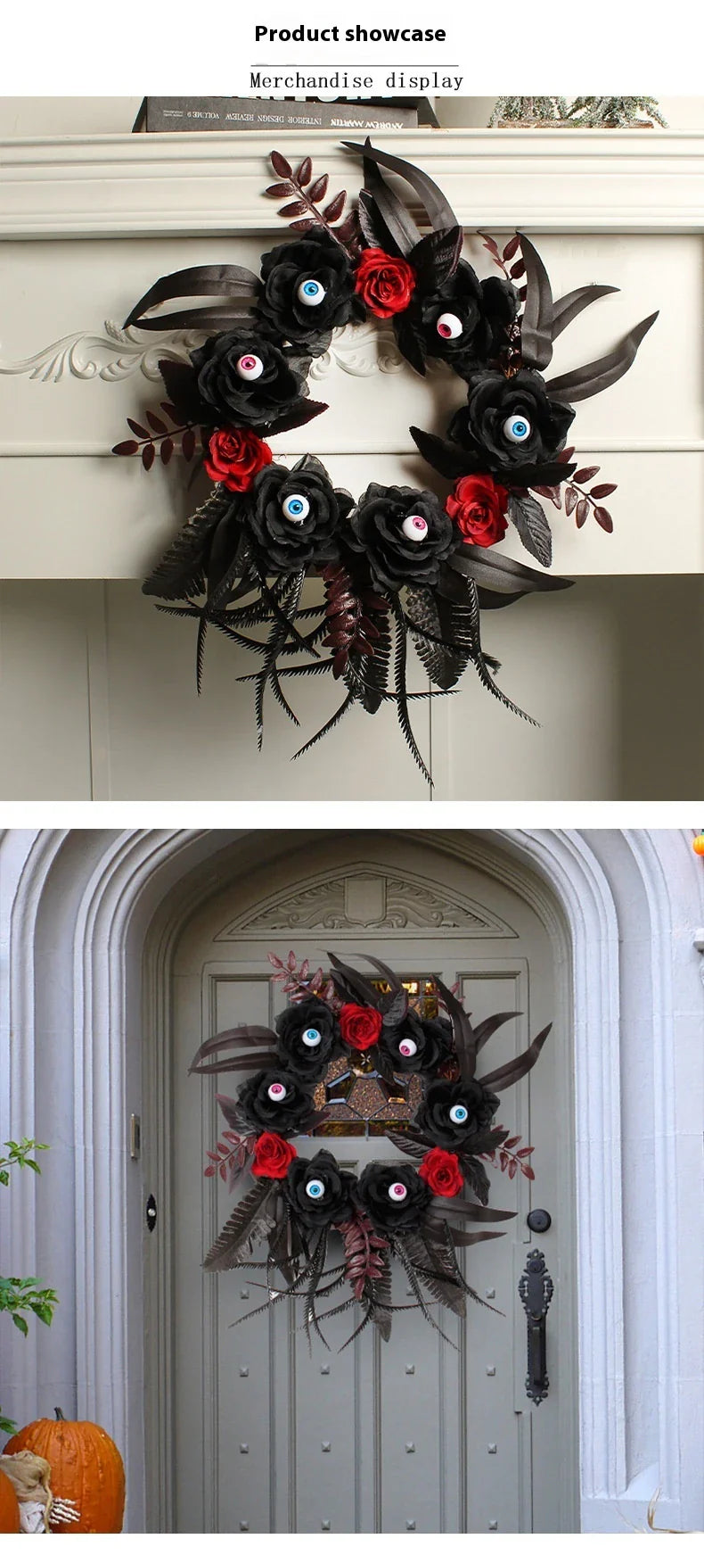 Artificial Halloween rose eyeball garland decoration with lifelike eyeballs and feathery rose blooms