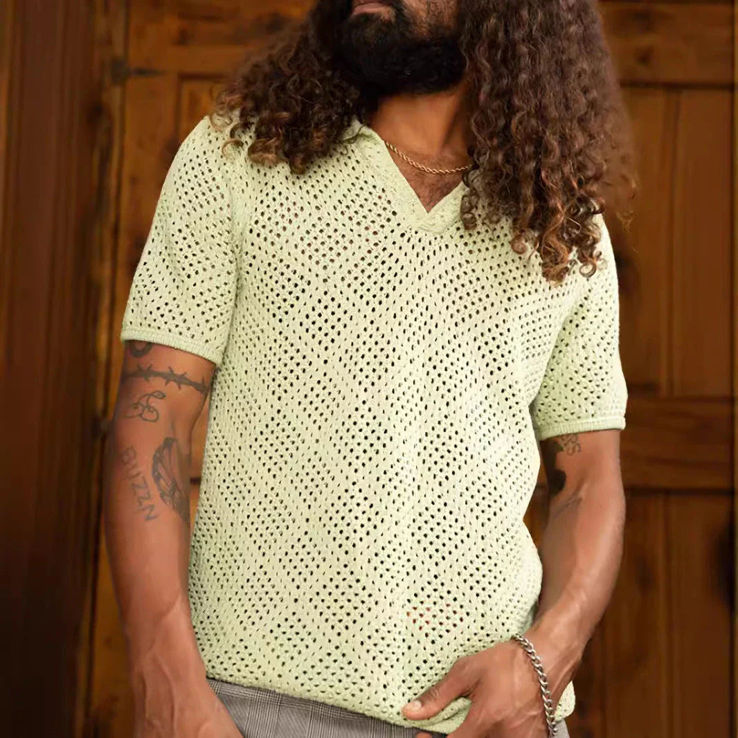 Premium quality men's knitted summer shirt in green, navy, and beige colours with a classic pullover design