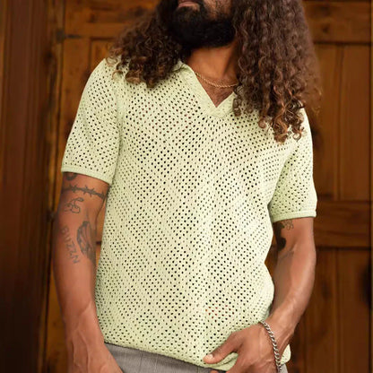 Premium quality men's knitted summer shirt in green, navy, and beige colours with a classic pullover design