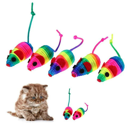 Colourful toy mouse set with 5 plush mice in various bright colours for cat playtime