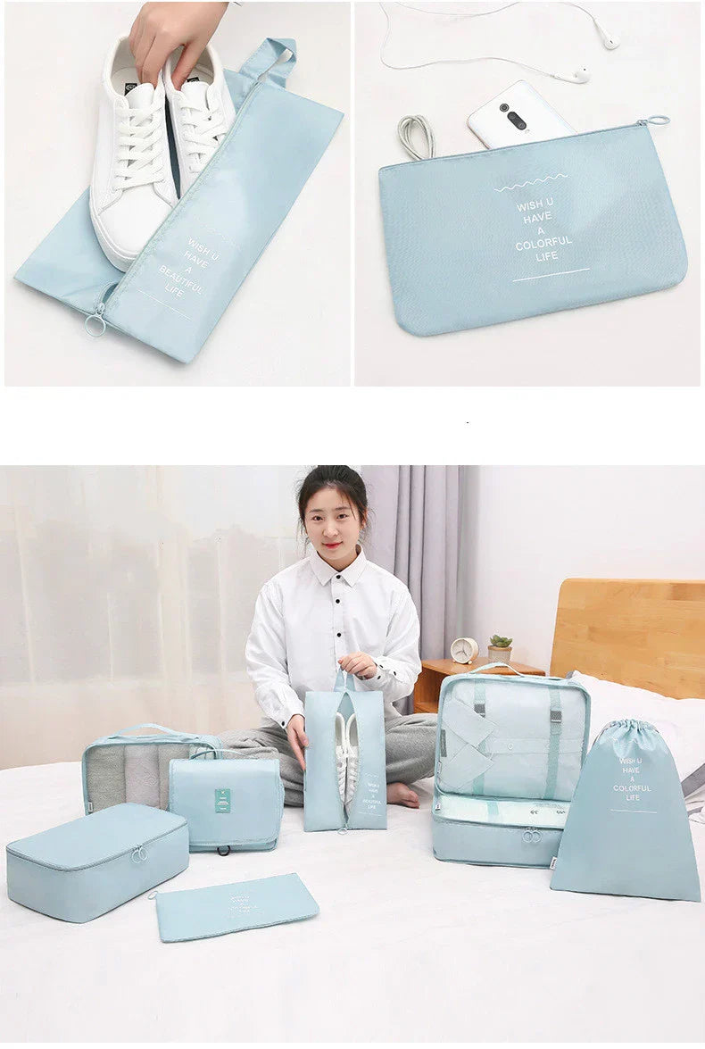 Premium 8-piece luggage organiser set made of durable, water-resistant nylon for effortless travel packing