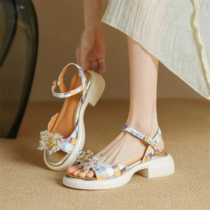 Premium genuine leather gladiator sandals with chunky square heel, adjustable strap, and unique checkered pattern design