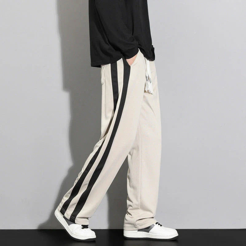 Comfortable striped straight-leg casual trousers in various colours and sizes