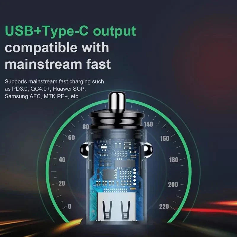 High-Performance 30W Dual-Port Fast Car Charger with USB and USB-C ports for lightning-fast charging on the go