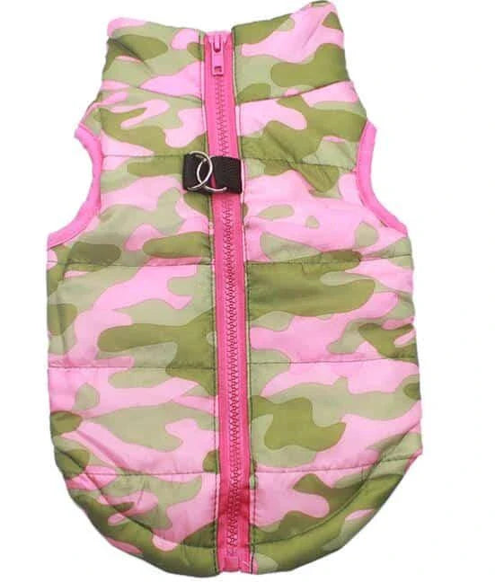 A cosy and stylish winter jacket for pets, featuring vibrant printed patterns and a snug, comfortable fit.