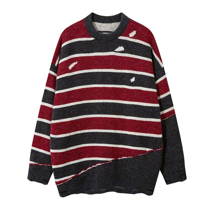 A cosy and stylish jumper featuring a patchwork design with contrasting stripes in a classic British colour palette.
