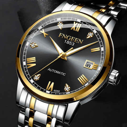 Premium automatic mechanical watch with leather strap, featuring a stainless steel case, luminous hands and markers, and a stylish British-inspired design