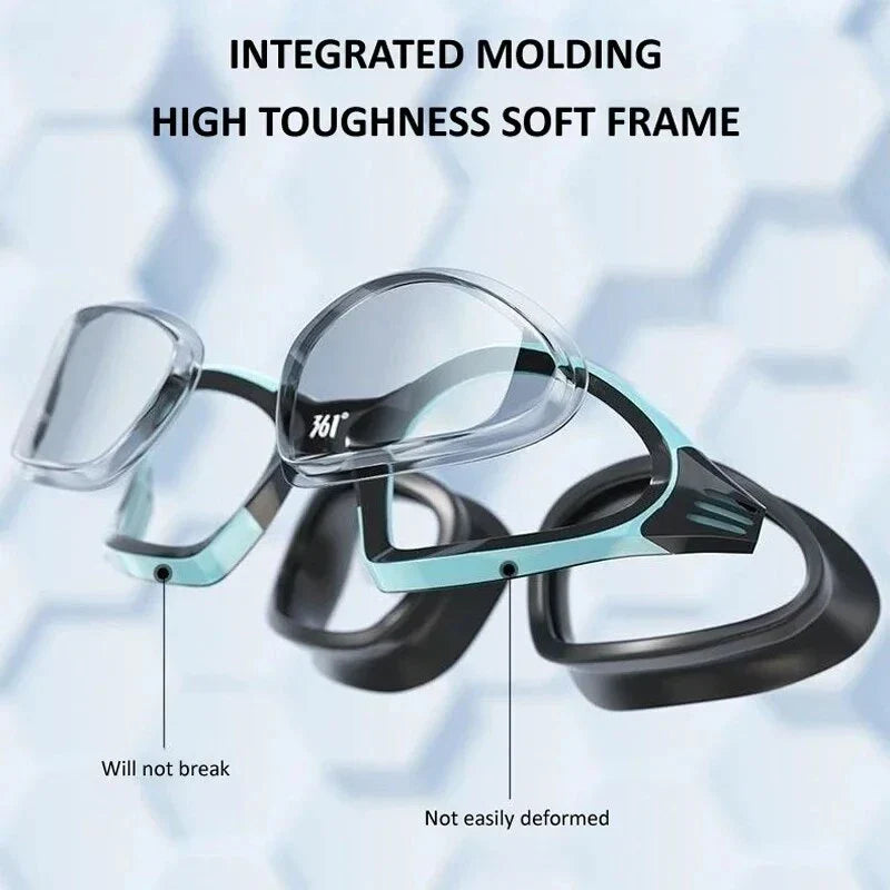 A pair of high-performance anti-fog, waterproof swimming goggles with polycarbonate lenses and a flexible silicone frame, designed for optimal clarity and comfort during swimming activities.