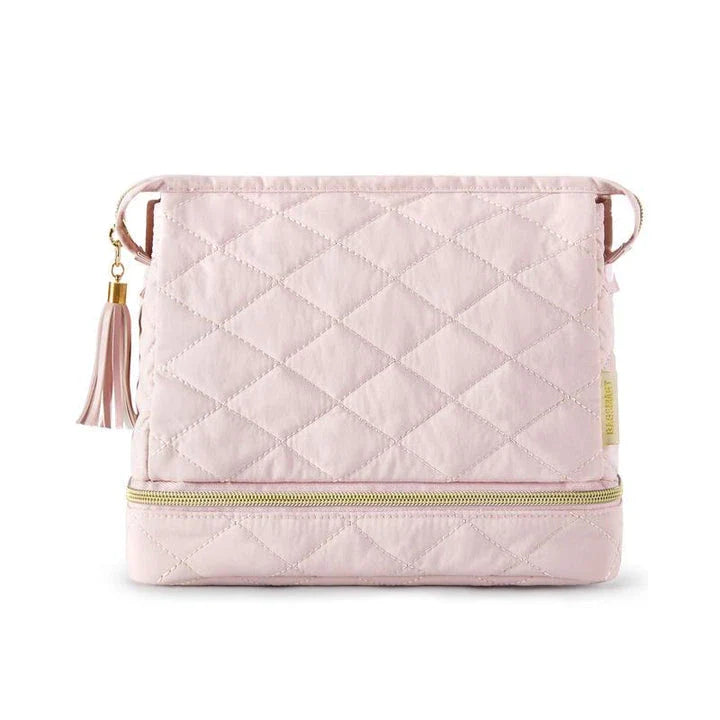 Double Layer Makeup Cosmetic Bag in soft pink colour with stylish tassel zippers and secure side clasps