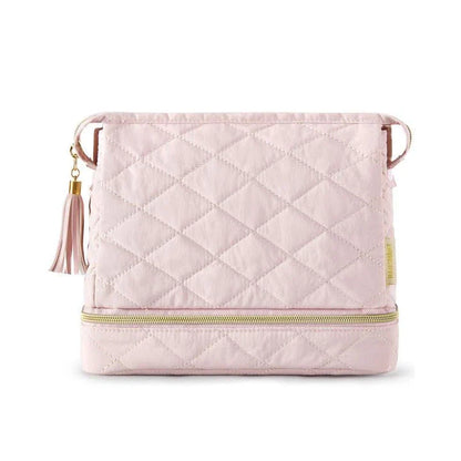 Double Layer Makeup Cosmetic Bag in soft pink colour with stylish tassel zippers and secure side clasps