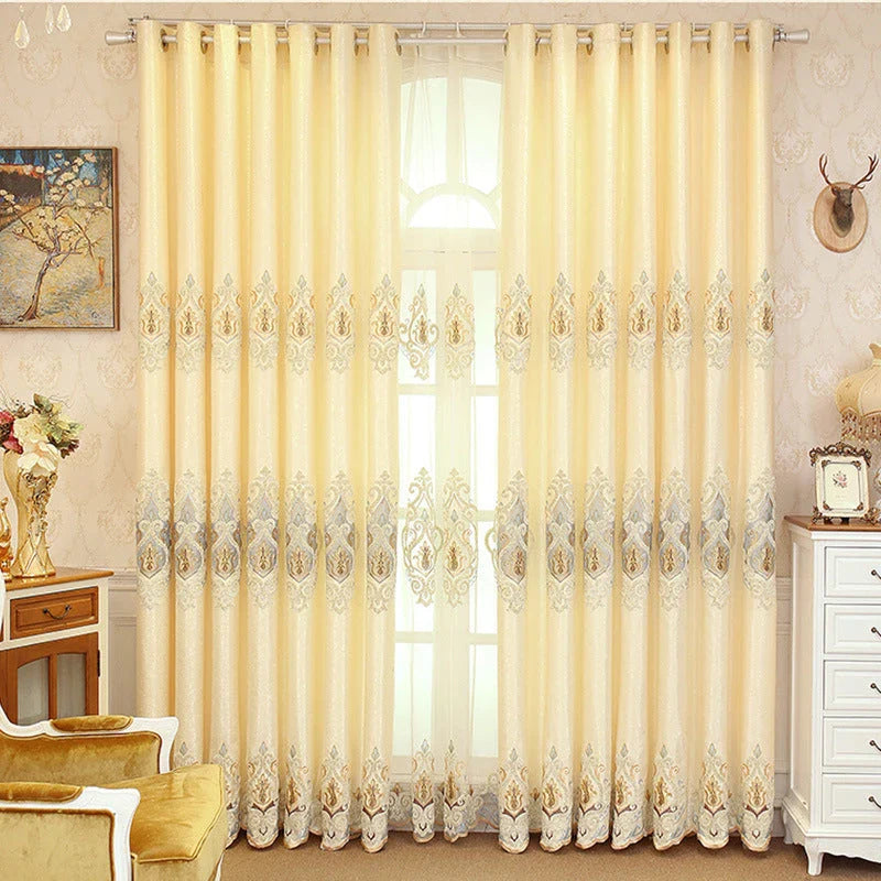 Elegant European-style embroidered mesh curtains in beige and grey shades, providing high sun protection and a modern, minimalist design.