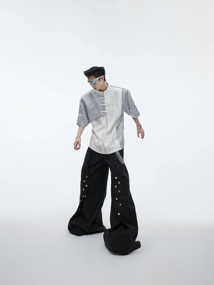 Buckle Design Sense Padded Shoulder Short Sleeve Loose T-shirt in black and white colours