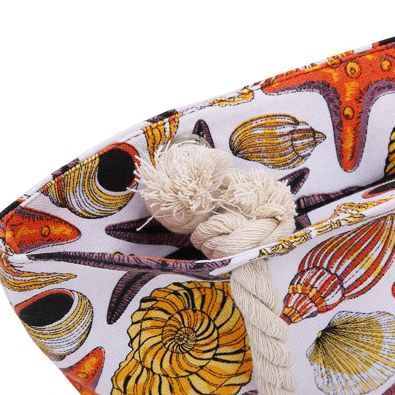 Stylish canvas beach tote bag with Shells Conch print design, perfect for summer adventures