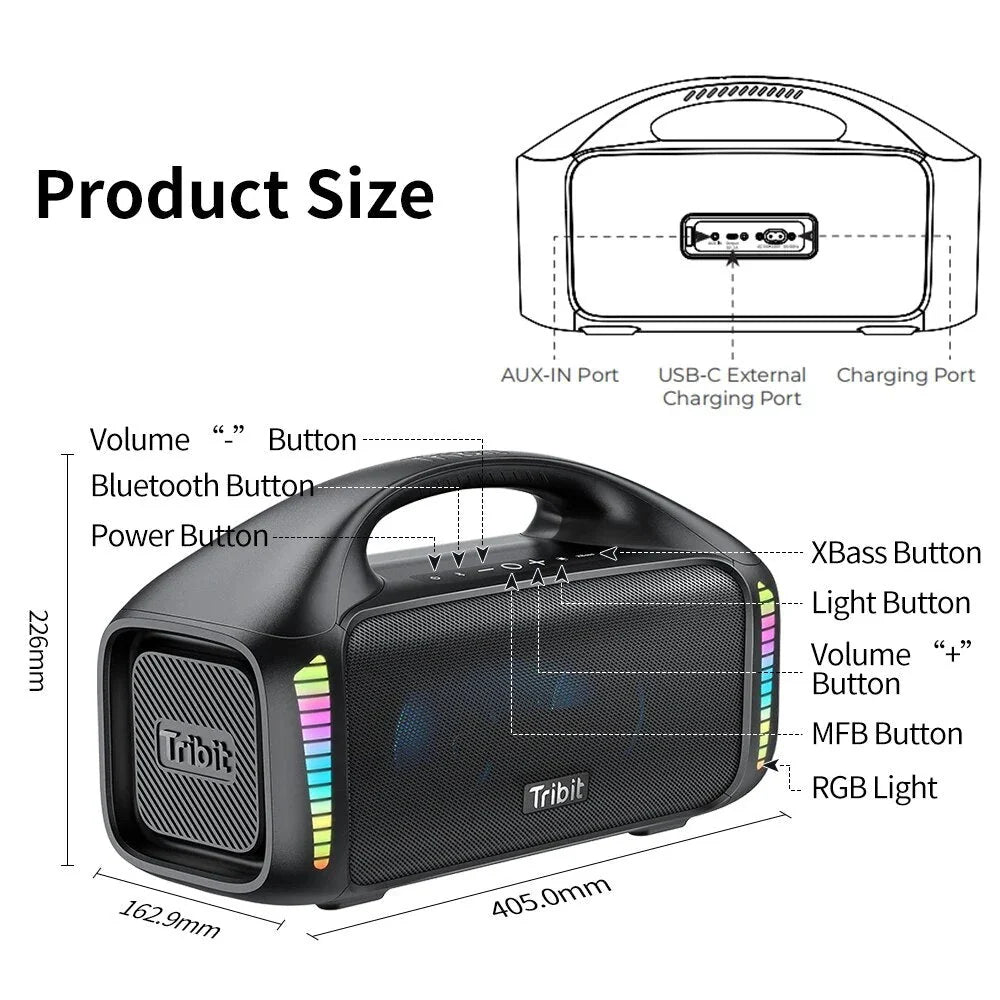 Premium 90W outdoor Bluetooth speaker with powerful sound, 30-hour playtime, and mesmerizing LED lights