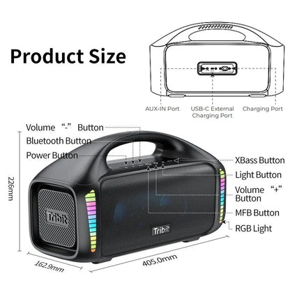 Premium 90W outdoor Bluetooth speaker with powerful sound, 30-hour playtime, and mesmerizing LED lights