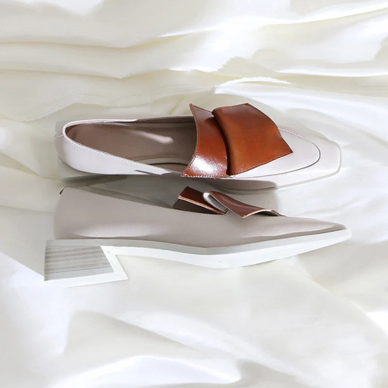 Stylish leather sateen shoes with a vibrant colour-matching design and low-heel comfort
