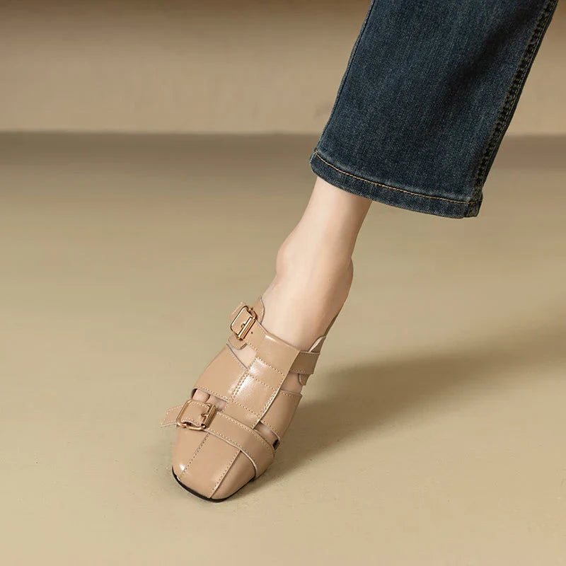 Exquisite embroidered leather high heel slippers in khaki colour, showcasing intricate detailing and a stable square heel design for stylish summer wear