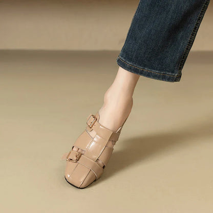 Exquisite embroidered leather high heel slippers in khaki colour, showcasing intricate detailing and a stable square heel design for stylish summer wear