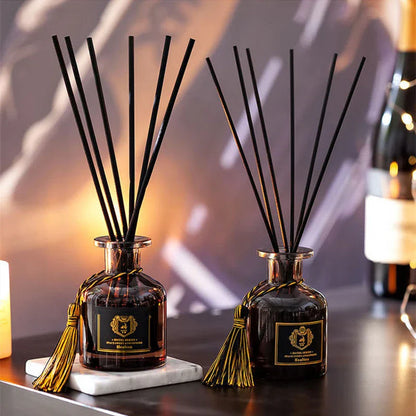 Elegant rattan aromatherapy diffuser with essential oils and fragrance, creating a calming and inviting atmosphere in a living space