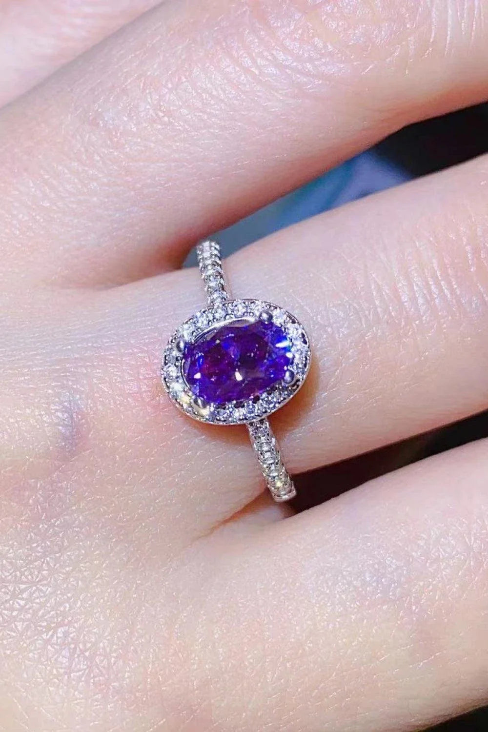 Sophisticated 1 carat purple moissanite ring in 925 sterling silver, featuring a minimalist design and sparkling zircon accents