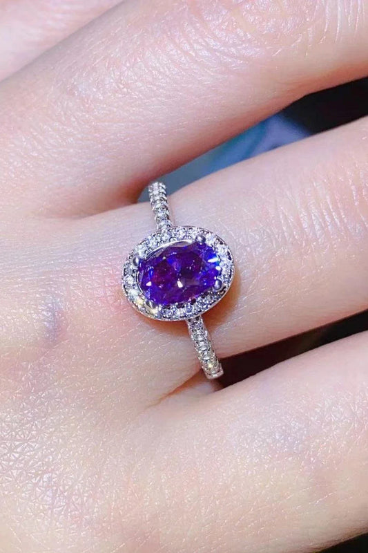 Sophisticated 1 carat purple moissanite ring in 925 sterling silver, featuring a minimalist design and sparkling zircon accents
