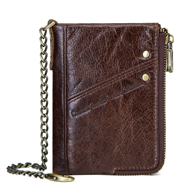 Premium leather coin purse with dual zipper closure, compact vertical design, and cowhide construction for men