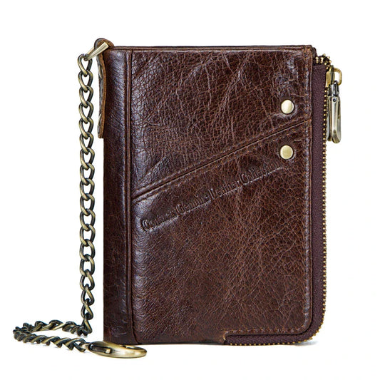 Premium leather coin purse with dual zipper closure, compact vertical design, and cowhide construction for men