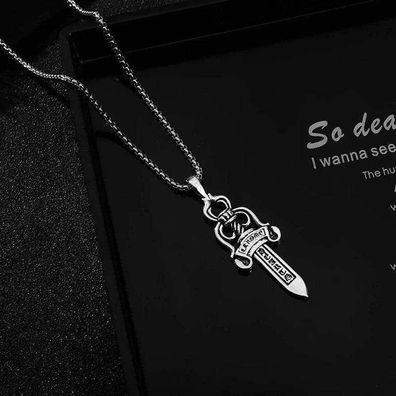 Men's Vintage Cross Sword Punk Pendant Necklace made of premium titanium steel with a sleek silver finish and elegant design
