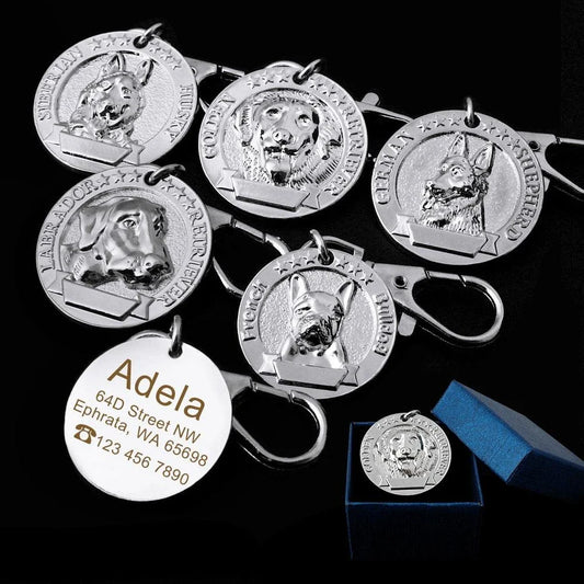 A premium silver dog ID tag with a customized engraved design, providing both style and practical functionality for your beloved canine companion.
