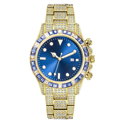 Premium diamond-encrusted green quartz watch with luminous display and sun pattern design
