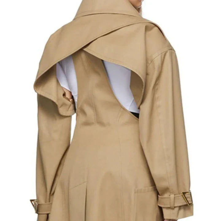 A stylish high-waist hollow-out trench coat in khaki green, designed for the modern British woman's autumn wardrobe.
