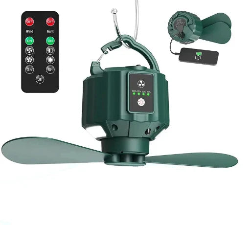 Premium camping tent with integrated fan and lamp in dark green colour